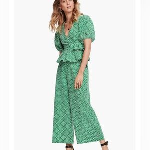 Scotch & Soda Puff Sleeve Peplum Top & Wide Leg Pants Set Green Small Boho Chic